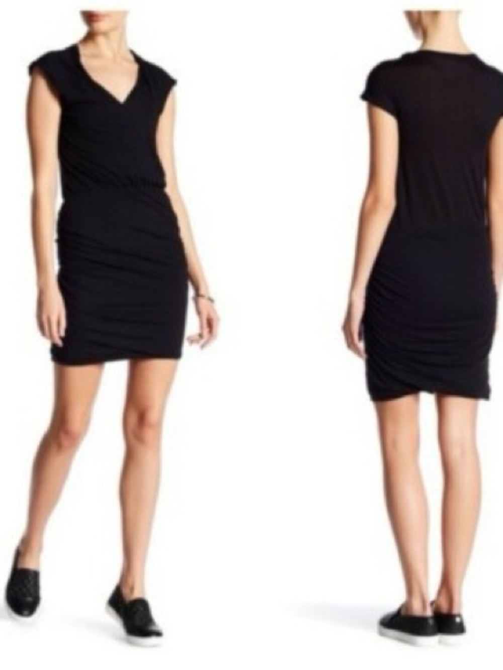 James Perse Black V-Neck Ruched Mini Dress